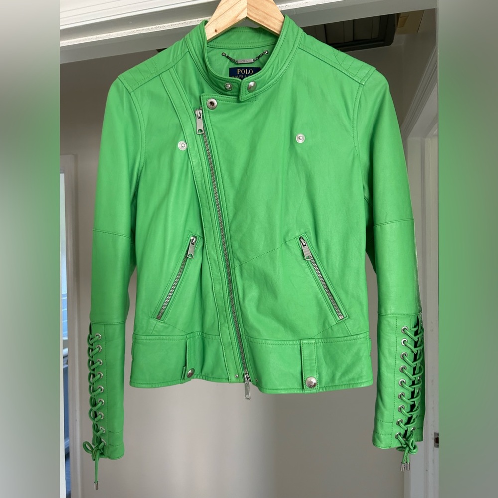 Ralph Lauren Blue Label Women’s Lamb Leather zip biker moto jacket green